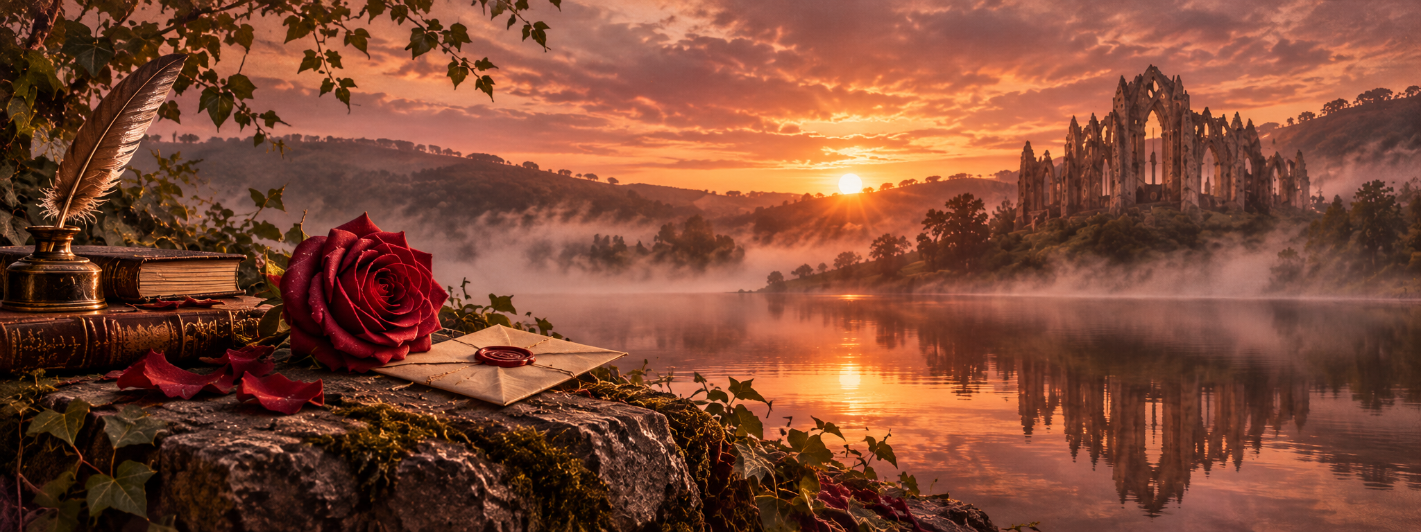 A crimson rose, antique books and a sealed letter on a mossy ledge overlooking a misty lake and Gothic abbey at sunset.
